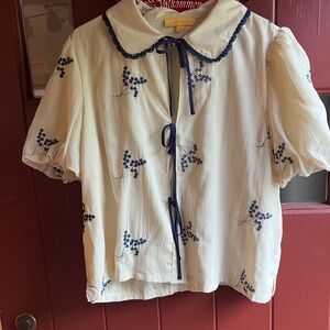 Flying Tomato Cream Blouse with Blue Embroidery